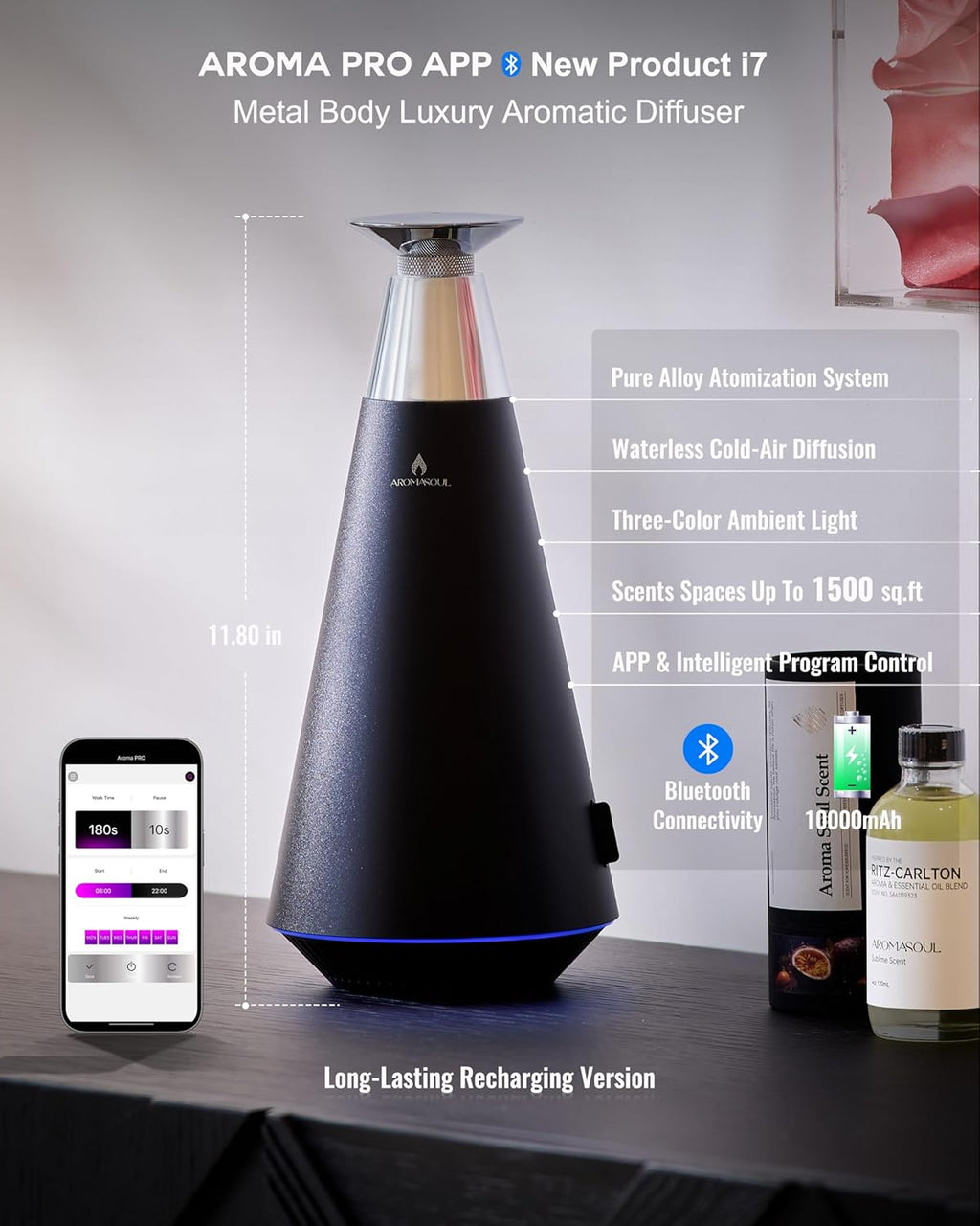 Waterless Scent Diffuser Starter Kit - 1500 Sq Ft Coverage, Alloy Atomization System,Mood Light,Smart Rechargeable Hotel Scent Diffuser, Including 120ml Essential Oil, for Home,Large Room,Spa,Black
