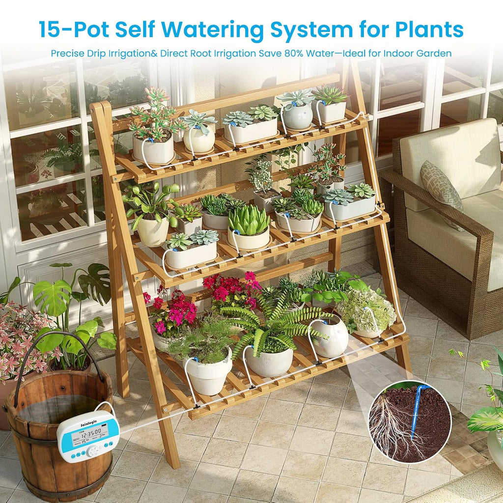 Sainlogic Smart Automatic Plant Waterer for 15 Potted Plants, Self Watering System with Deep Root Irrigation, Humidity Monitor Display, IP64 Programmable Timer for Travel, Vacation, Indoor Garden
