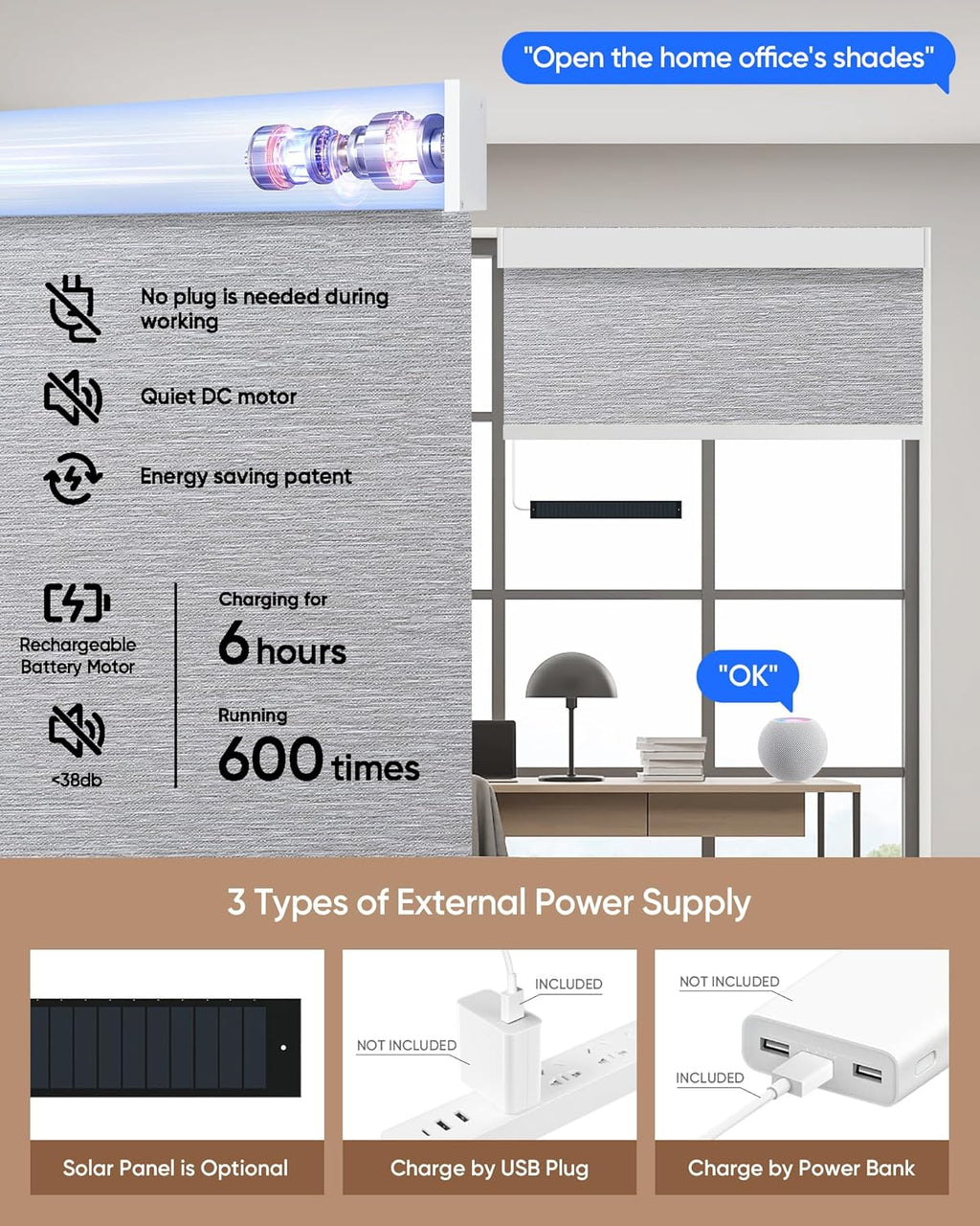 Kincmo Motorized Blinds with Remote,100% Blackout Motorized Roller Shades Work with Apple Homekit,Alexa,Google, Custom Electric Blinds with App,Voice Control (Atlantic Grey)