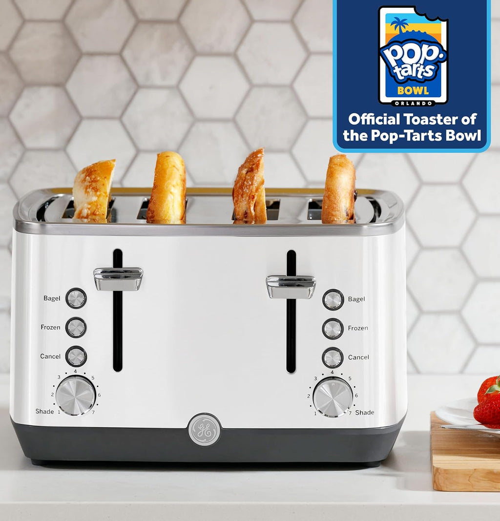 GE 4 Slice Toaster | Extra Wide Slots for Bagels, Breads, Waffles & More | 7 Shade Options | Countertop Kitchen Essentials | 1500 watt, White