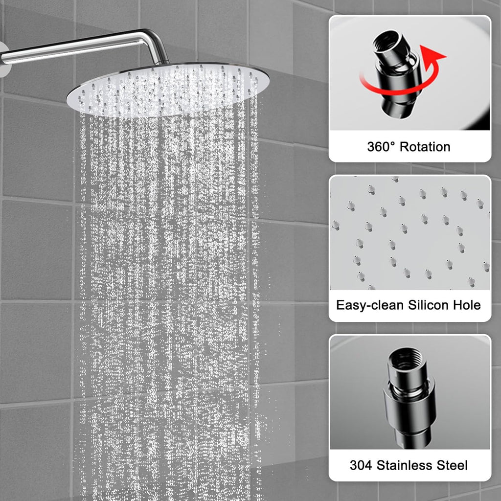 Shower Faucet Set 10IN Brass Rough-In Valve Body Trim Kit Rainfall Included Handle Accessories Complete 2 Functions with Rain Head and Handheld Bathroom Systems (10'', Chrome Polished)