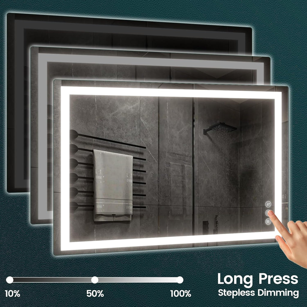 36"x 40" Bathroom Mirror with Lights, LED Mirror for Bathroom with Stepless 3 Colors Temperature & Dimmable Memory Anti-Fog Tempered Glass Mirror