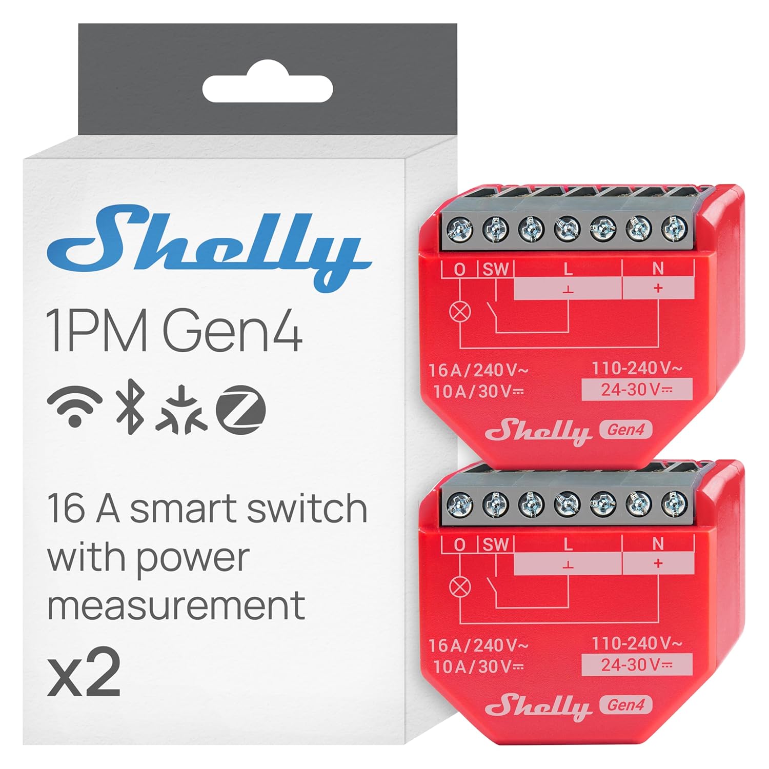 Shelly 1PM Gen4 | Wi-Fi, Zigbee, Matter Smart Relay Switch with Power Metering, 1-Channel 16A | Home Automation | Alexa, SmartThings, Google Home, Apple HomeKit Compatible | iOS Android App (2 Pack)