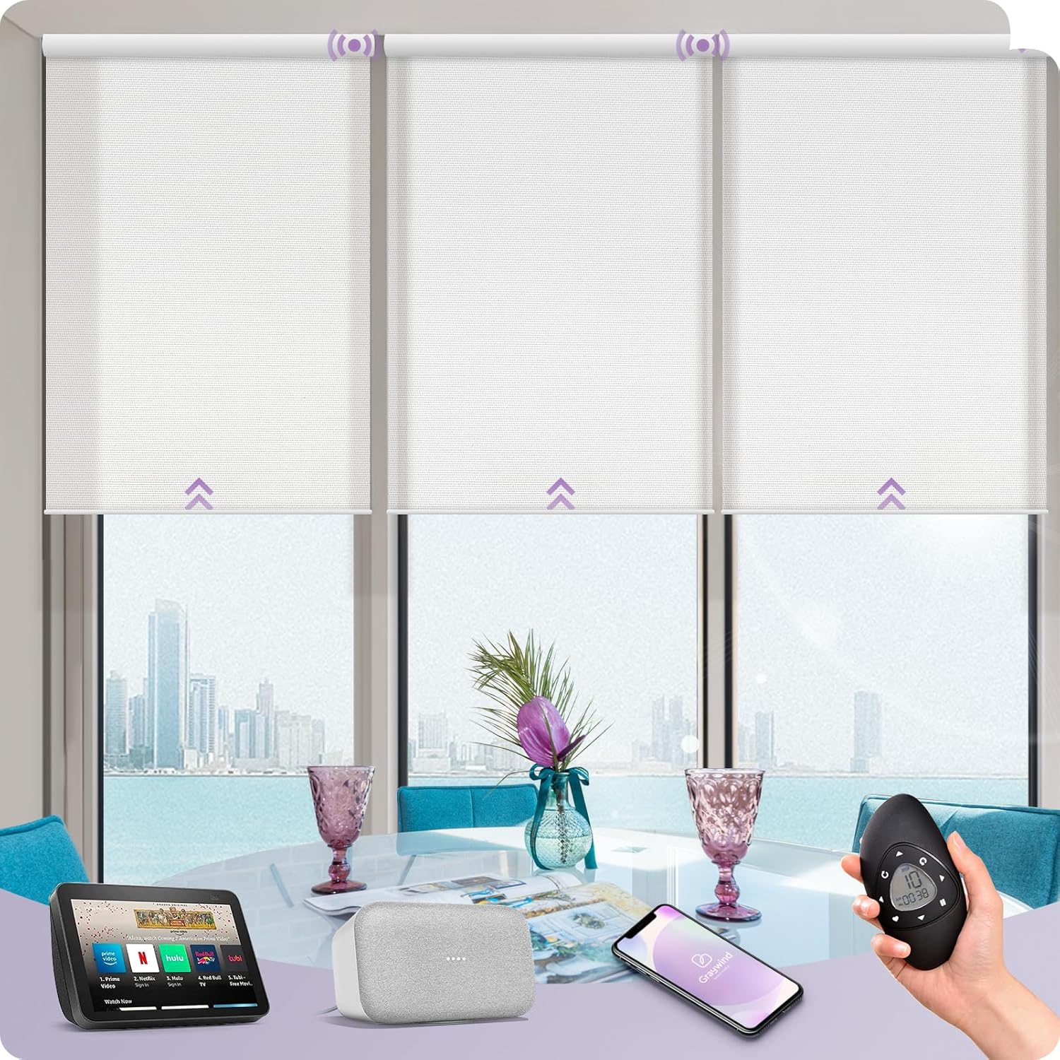 Graywind Motorized Solar Shades Light Filtering Mesh Shade Compatible with Alexa Google Remote Control Window Blinds with Valance for Smart Home Office Business, Custom Size (1% Openness White)