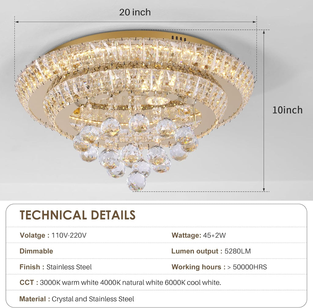 Large LED Crystal Raindrop Ceiling Light,Rose Gold, 20" Elegant Semi Flush Mount Chandelier Light Fixture with Remote Control for Living Room Kitchen Bedroom Hallway Entryway Foyer(Dimmable)