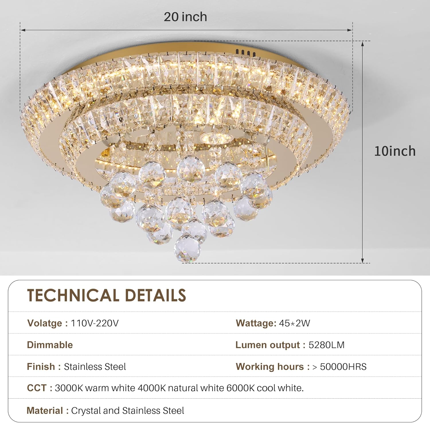 Large LED Crystal Raindrop Ceiling Light,Rose Gold, 20" Elegant Semi Flush Mount Chandelier Light Fixture with Remote Control for Living Room Kitchen Bedroom Hallway Entryway Foyer(Dimmable)