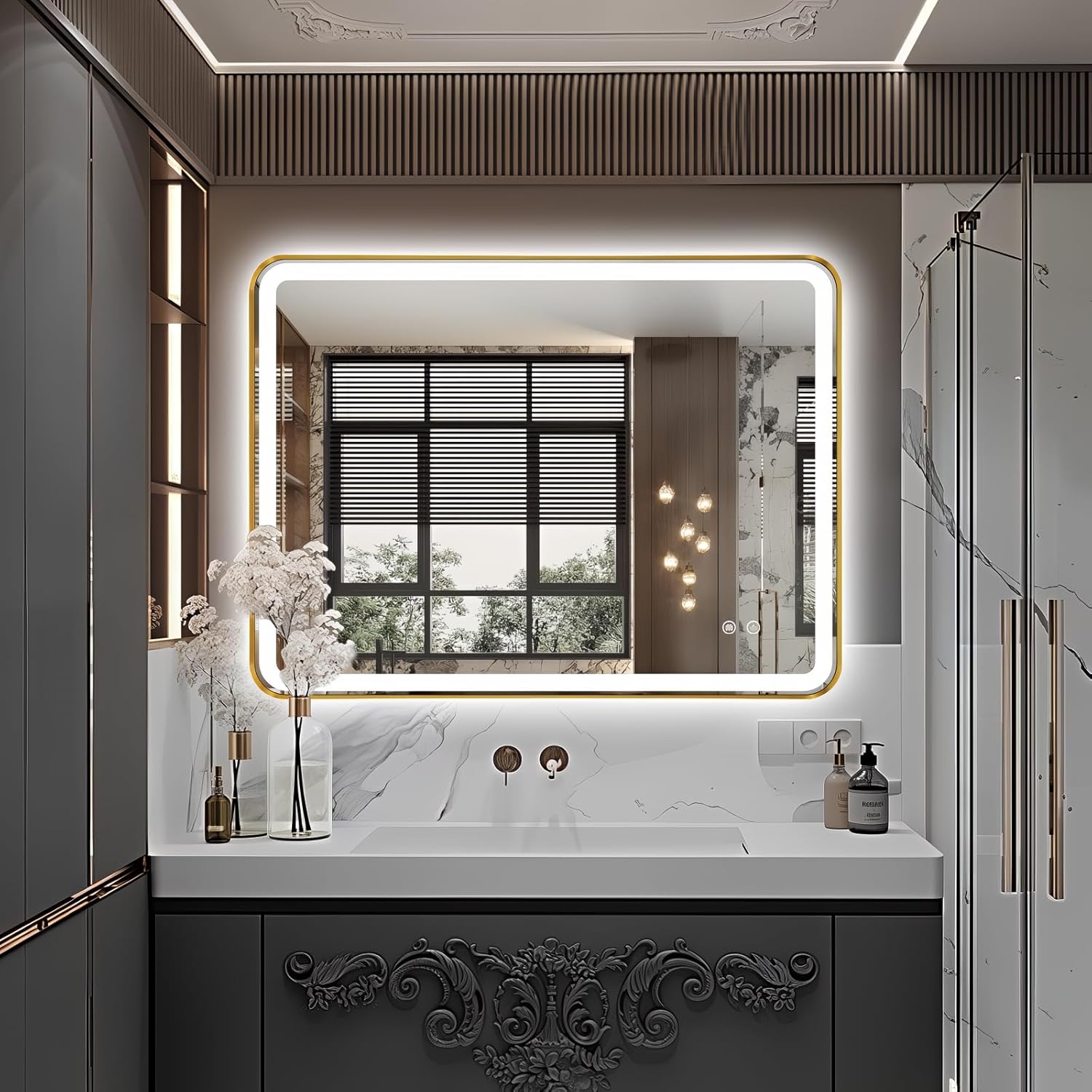 Rectangle LED Bathroom Mirror, 40"x30" Anti-Fog Double Touch Lighted Wall Vanity Mirror 45° Beveled Metal Frame Stepless Adjustable Color Temperature Smart Mirror 3000K-6000K, Gold