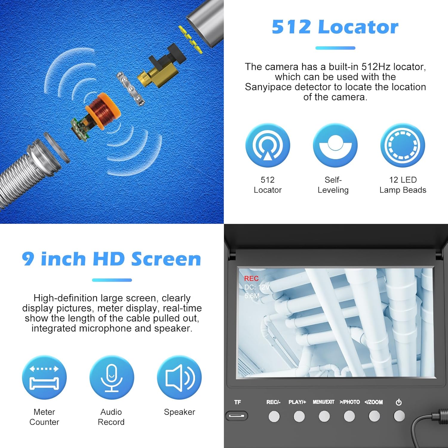 Sanyipace Sewer Camera 165FT/50M with 512Hz Transmitter, Self-Leveling, Distance Counter, Plumbing Inspection Camera with Microphone Speaker Audio Video Record, 16GB TF Card, Pipe Pulley (7mm Cable)