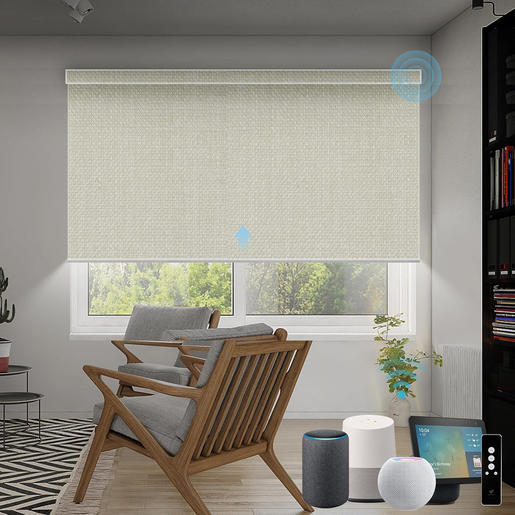 SmartWings Motorized Roller Shades Work with Homekit, 100% Blackout Smart Blinds for Windows, Cordless Remote Control Window Shades, Vigor Cream, Customized Size