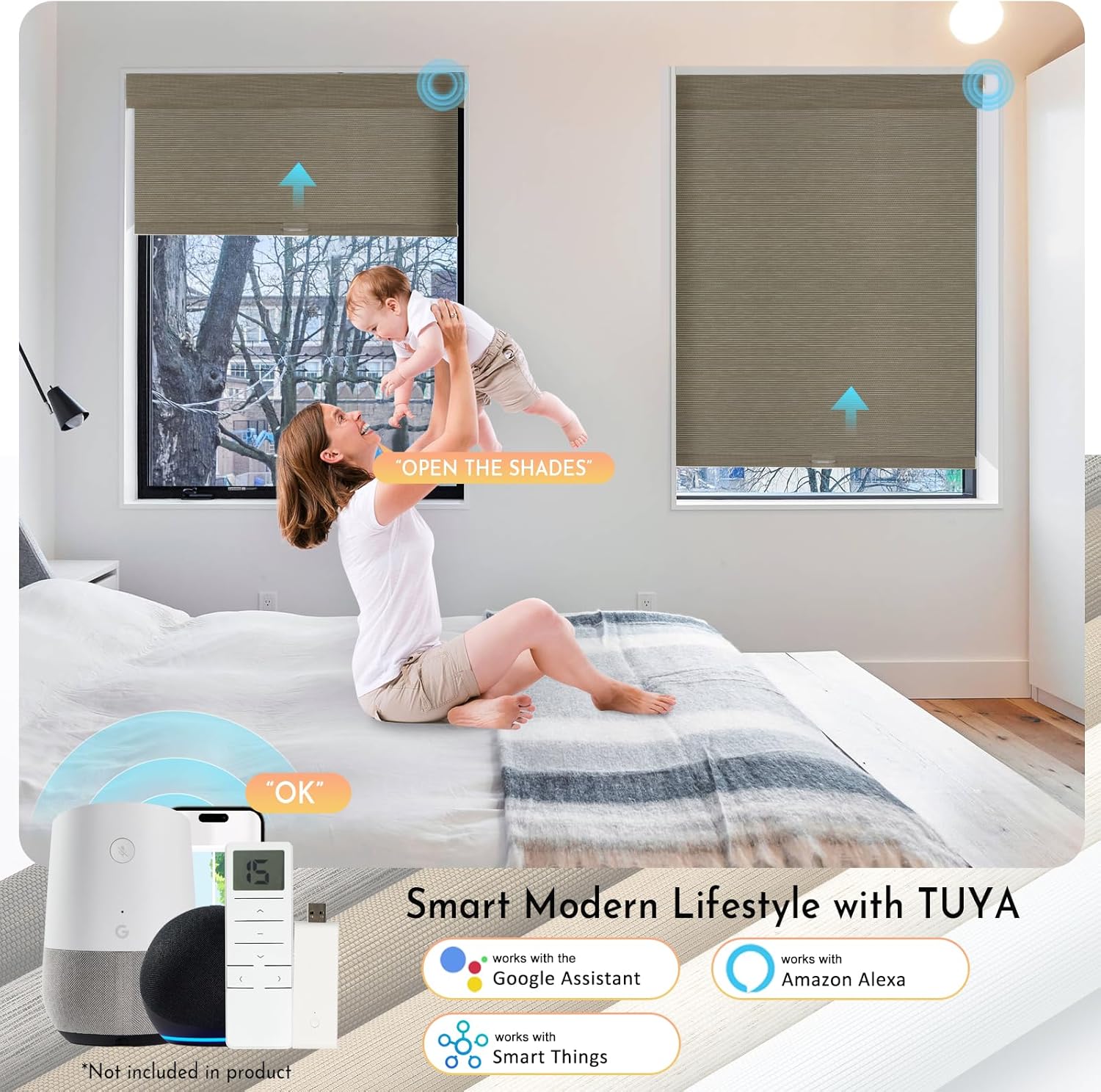 Persilux Smart Motorized Blinds with Remote, No Drill Automatic Roller Shades for Indoor Windows, Blackout Linen Fabric, Electric Blinds for Windows, Weave Caribou C162BO-5, Custom Size