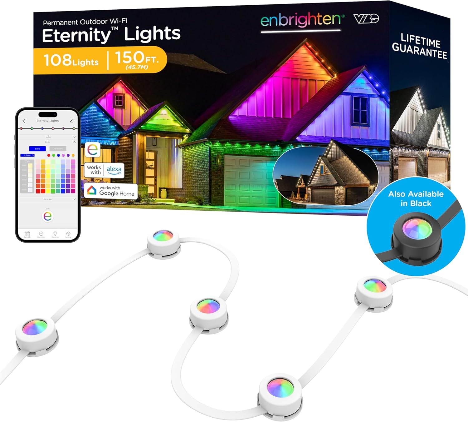Enbrighten Vibe Eternity Permanent Outdoor Lights for House, 150ft, 108 RGBWIC LEDs, Close Spacing, 33lm, Color Changing, Christmas, Eave Lighting, Smart App, Works with Alexa, Google Home, 85102
