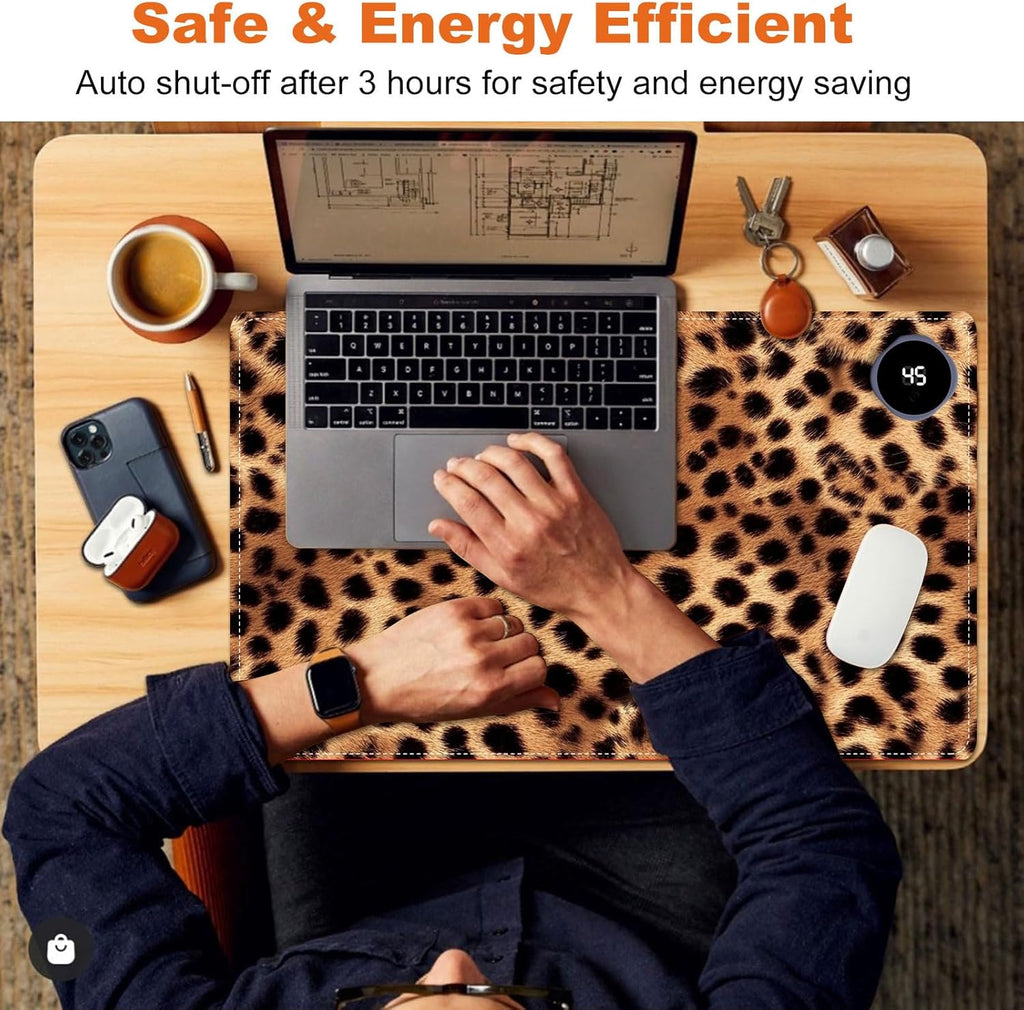 Small Heated Desk Pad 23.6" x 14.2" – Compact Electric Mouse Pad with 3 Heating Levels, Auto Shut-Off, Waterproof PU Surface, Plug-in Warmer for Office or Home Use, Leopard Print