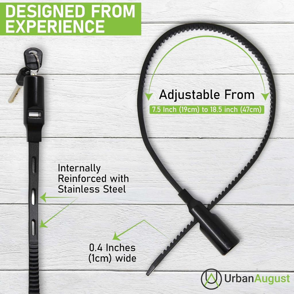 Urban August Adjustable Zip Tie Lock for Cabinet Refrigerator Bike Stroller Helmet Skateboard Luggage- Multi-Purpose Keyed French Door Lock - Stainless Steel Fridge Lock with Key - Black, 1 Pack