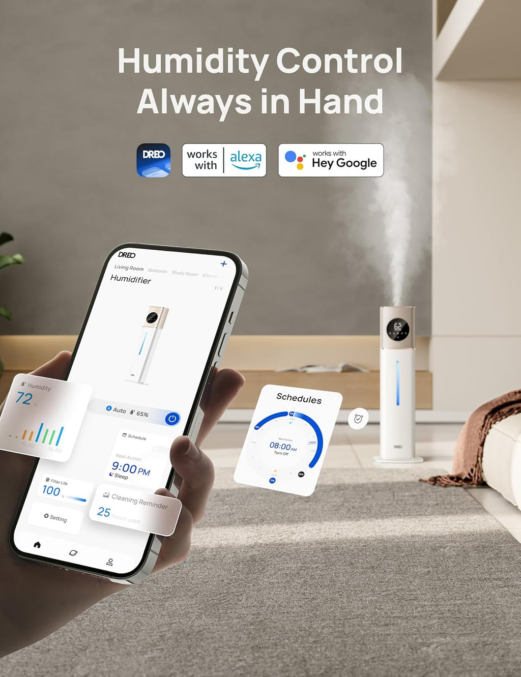 Dreo 11L Smart Humidifier Large Room 700 ft², 100H Cool Mist Air Humidifiers for Bedroom, Top-Fill Self-Cleaning Tank, 26dB, Auto Mode, Aroma Box, RGB Light, Remote & APP Control, Baby, Starlight