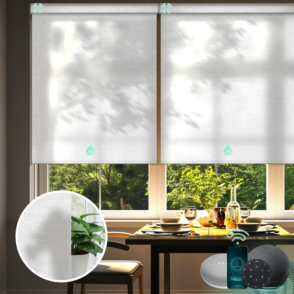 Yoolax Motorized Blinds with Remote, Light Filtering Smart Blinds Work with Alexa Google Home, Automatic Roller Shades for Indoor Windows Living Room, Custom Size (Jacquard White)