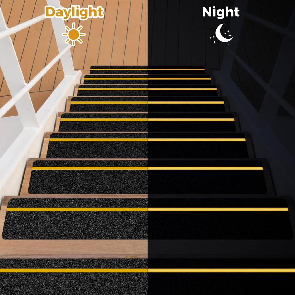10 Pack Anti Slip Traction Treads with Reflective Stripe, 6” x 30” Grit Non Slip Waterproof Tape Pre-Cut Tape with Roller, High Traction Friction Abrasive Adhesive for Stairs Step, Black & Yellow