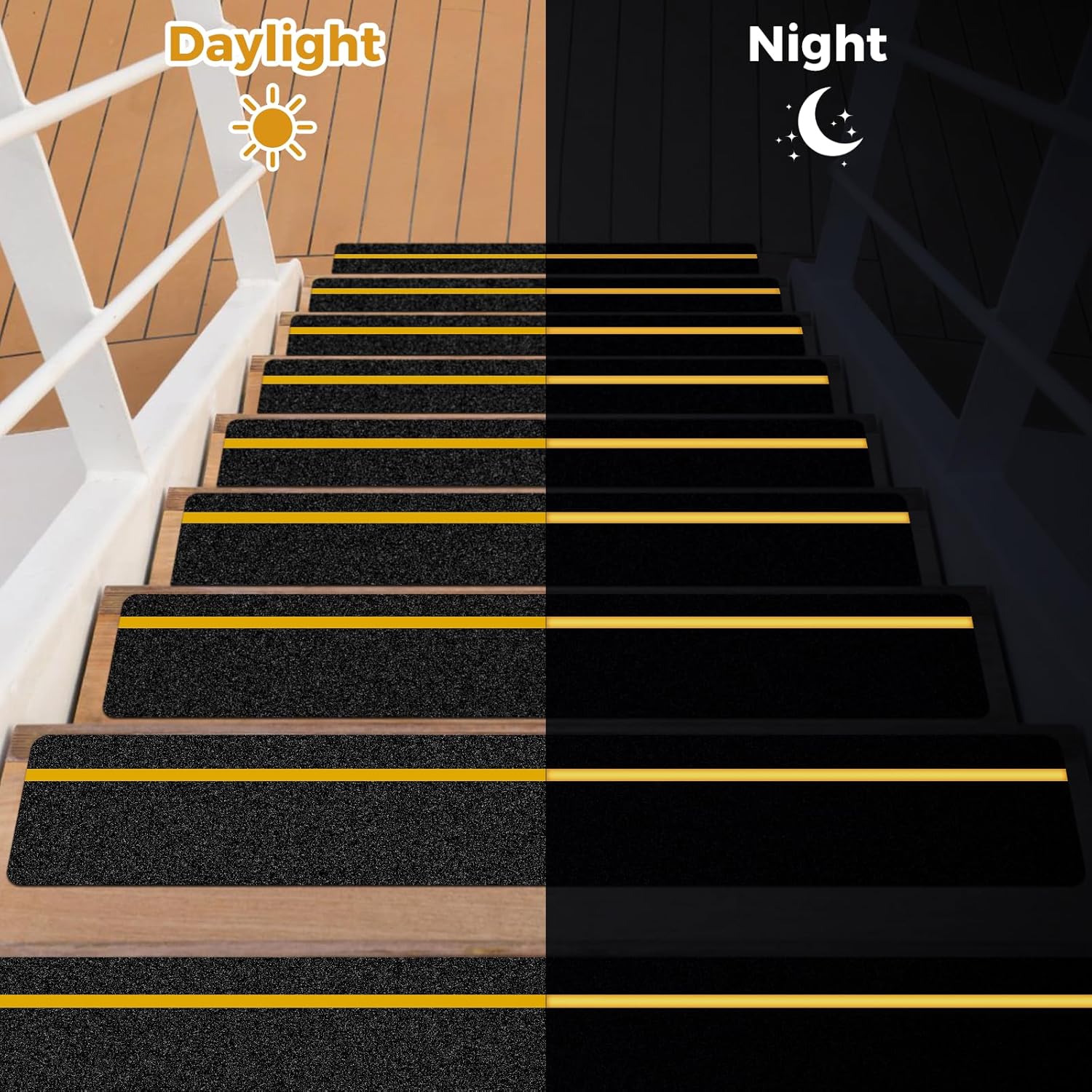 10 Pack Anti Slip Traction Treads with Reflective Stripe, 6” x 30” Grit Non Slip Waterproof Tape Pre-Cut Tape with Roller, High Traction Friction Abrasive Adhesive for Stairs Step, Black & Yellow