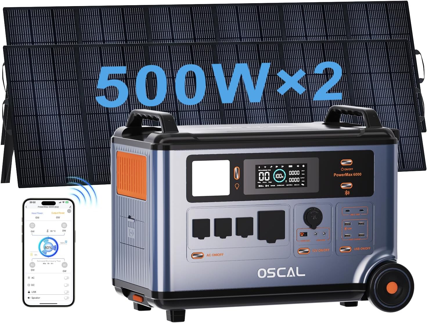 OSCAL 6000W 120V/240V Dual Voltage Solar Generator with 2x500W Solar Panel,Portable Power Station 3600WH Lifepo4 Battery with 14 Outlets,2200W 1.96H Fast Charge,Promax6000 for Home Backup.