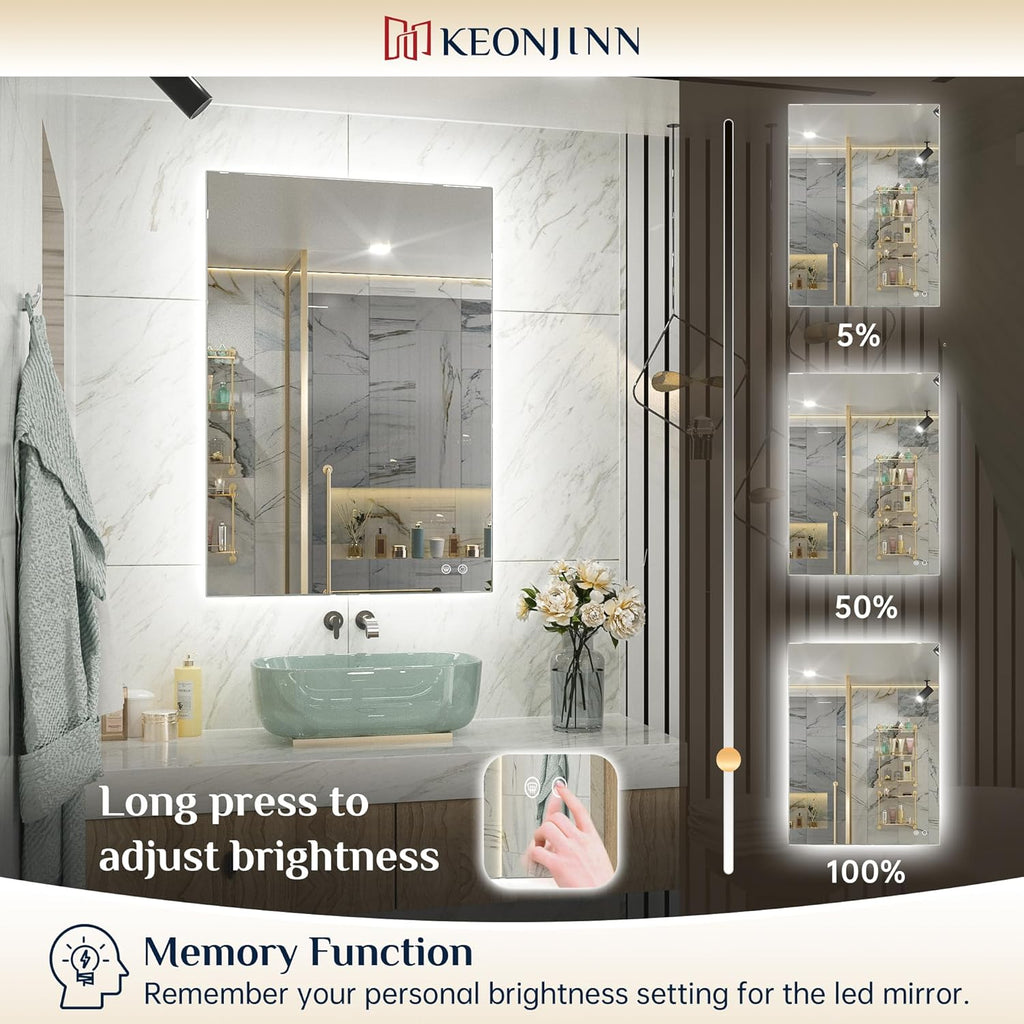 Keonjinn 24 x 40 Inch LED Bathroom Mirror with Backlit, Anti-Fog Vanity Mirror with CRI90+ HD Tempered Glass, Stepless Dimmable, High Lumen, UL Listed, Waterproof, Horizontal/Vertical