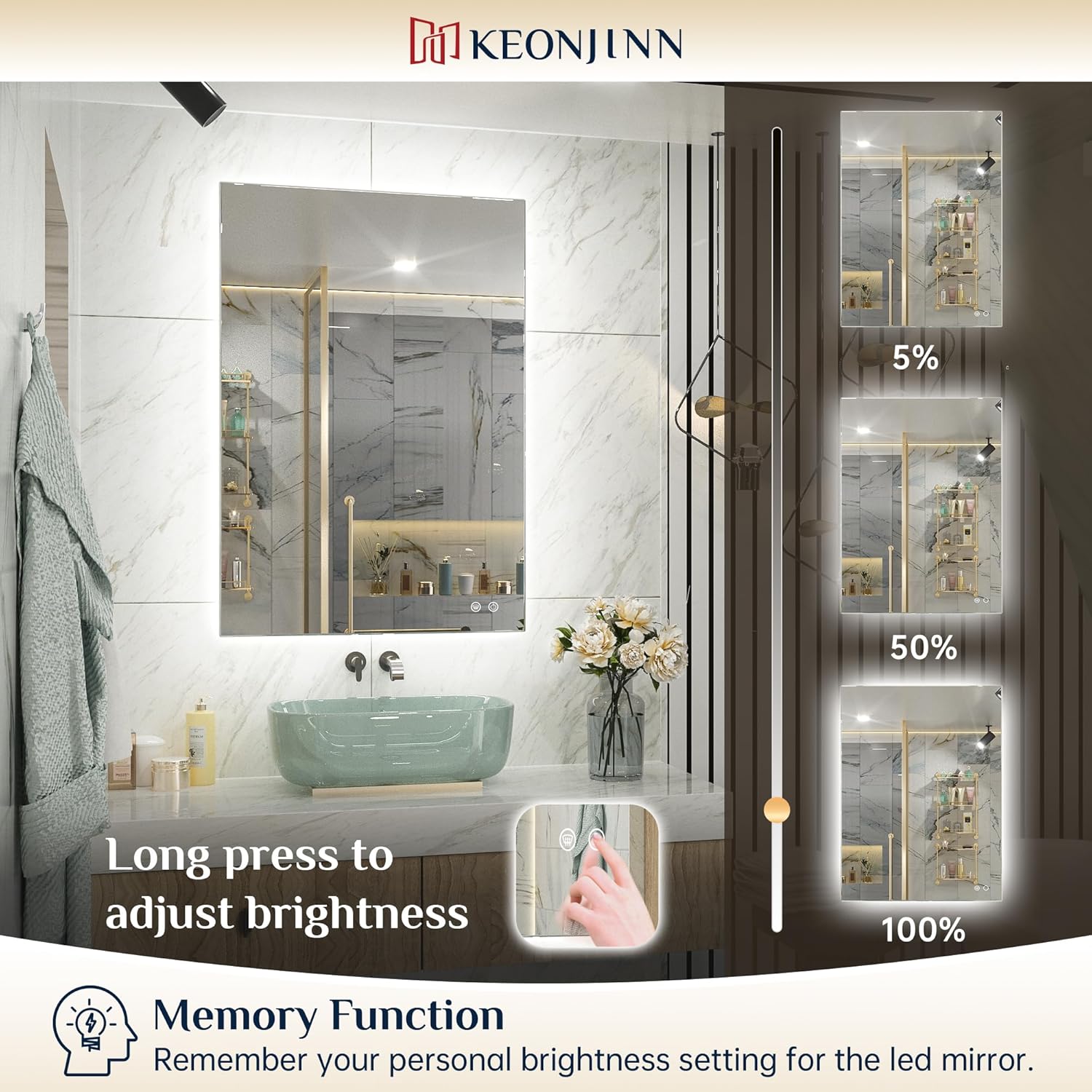 Keonjinn Bathroom Mirror with Lights 60 x 40 Inch, LED Mirror with Backlit, Anti Fog Lighted Mirror with Stepless Dimmable, UL Listed LED Driver, Waterproof, CRI90+, HD Tempered Glass