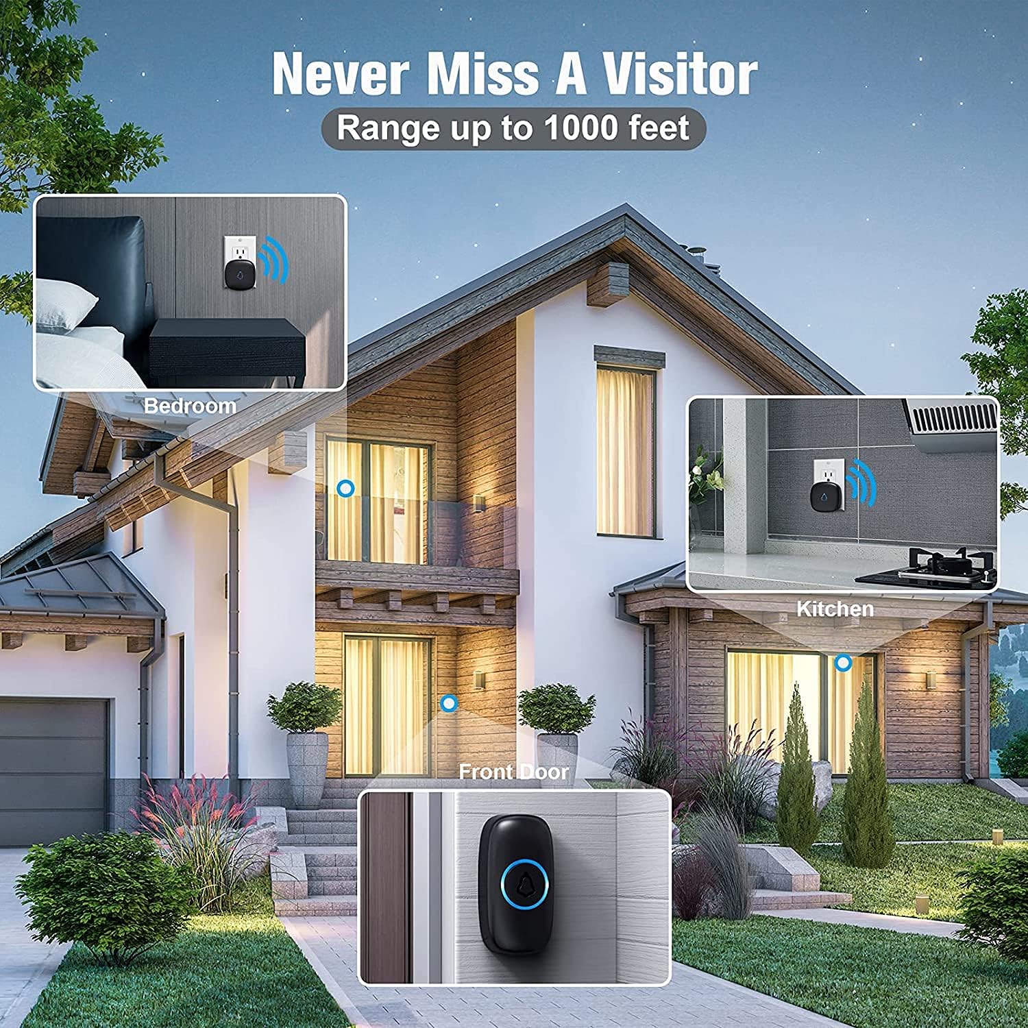 SECRUI Wireless Doorbell with 3Receivers 2 Push Buttons, Easy installation, Adjustable Volume, 58 Chimes, Colorful LED, 1000Ft Range, M520+F55, Black