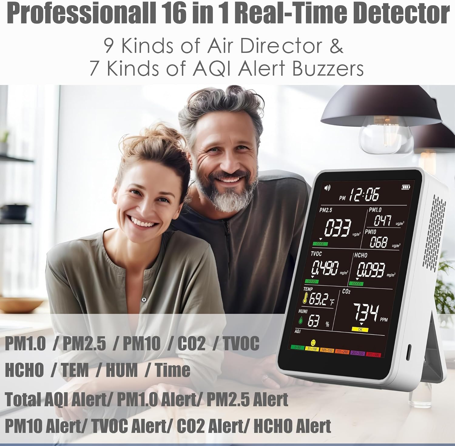Professional Indoor Air Quality Monitor with AQI, Portable Real-Time Detector for Home Cars Plants and Pets (White)