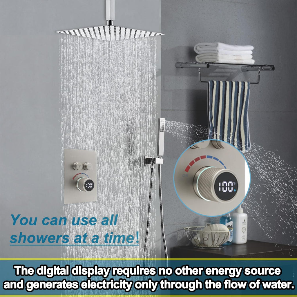 Digital Display Shower System Set 16 Inches Rain Fall Head Temperature Valve Shower Handheld Shower Head Sets for Bathroom Concealed Installation