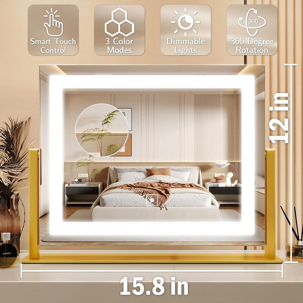 ROLOVE Gold Vanity Mirror with Lights 14x11 Inch, Lighted Makeup Mirror, Smart Touch 3 Colors Dimmable, 10X Magnification, Dresser Mount, Modern Style