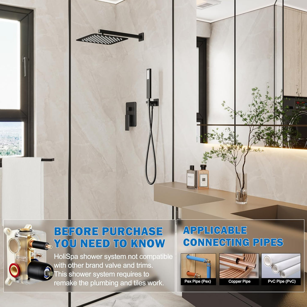 Shower System, Black Shower Faucet Set with 12-Inch Rain Showerhead and Handheld Spray, Wall Mounted High-Pressure Showerhead Combo Set Included Valve and Trim, Matte Black