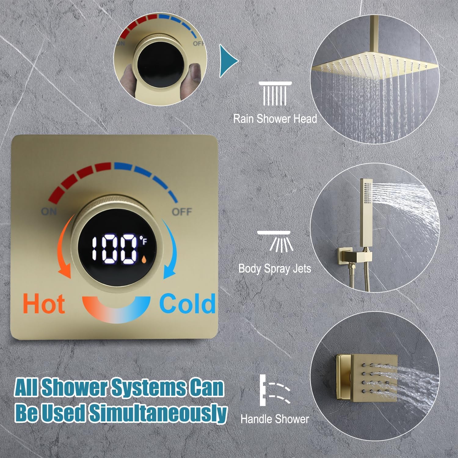 Concealed LED Digital Display Shower Diverter Valve Shower Mixing Valve Single Way Can Use All the Time Brushed Gold