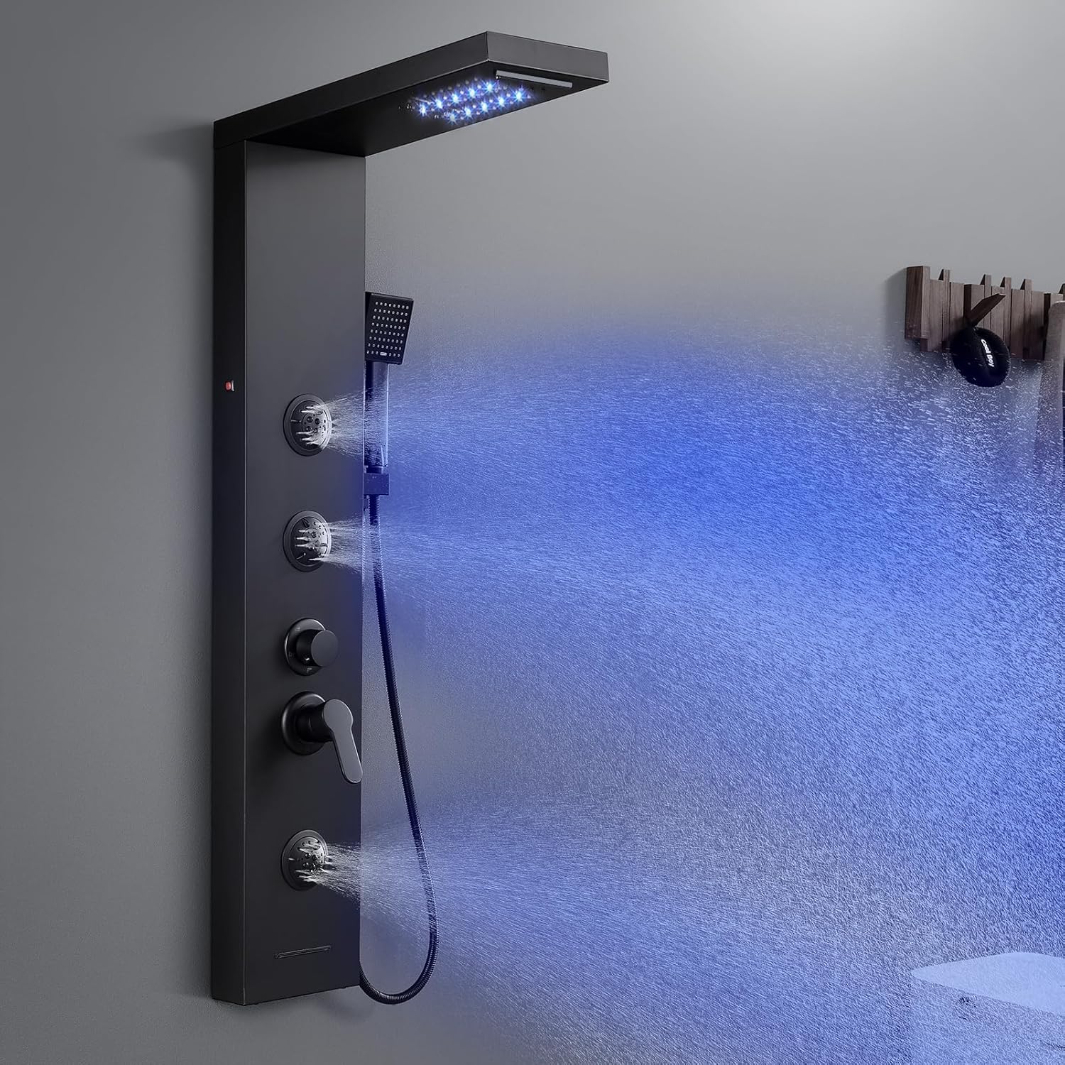 ROVATE LED Shower Panel Tower System with Rainfall Waterfall Shower, Matte Black Shower Panel with Jets and Rainfall and Handheld, 5 in 1 Stainless Steel Shower Tower High Pressure with Tub Spout