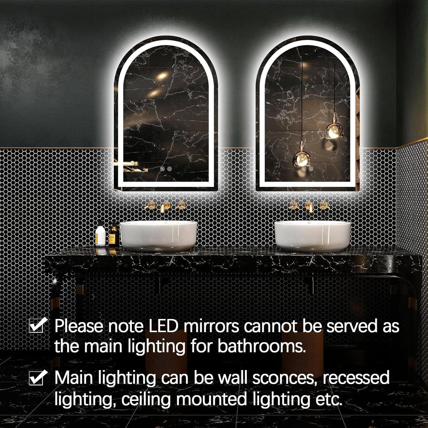 Niccy Arched LED Bathroom Mirror, 36x24 Arch Wall Mounted Frameless Bathroom Mirror for Vanity, Smart Lighted Frontlit Mirrors with Memory Function for Bathroom Bedroom Beauty Hair Salon