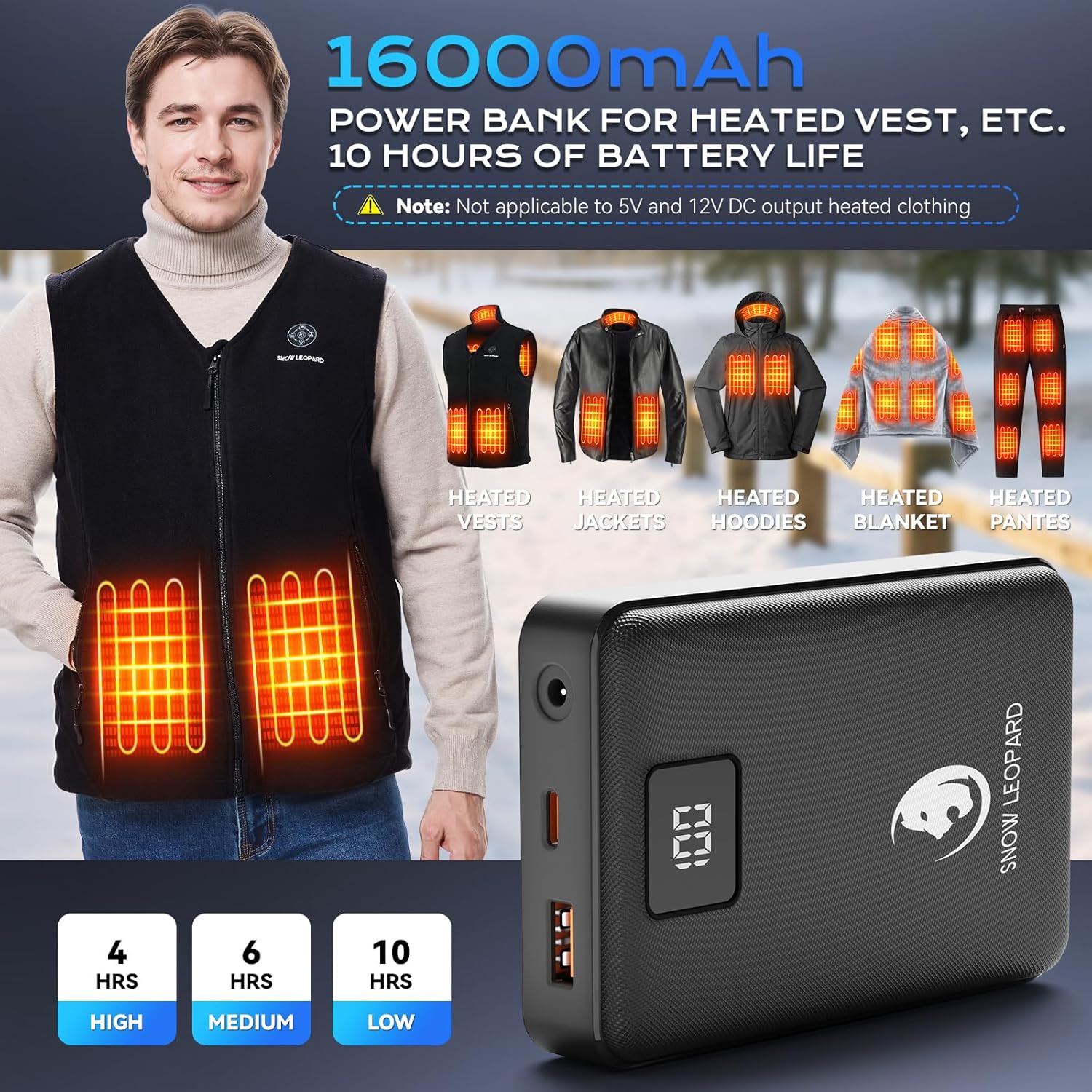 SNOW LEOPARD Heated Vest Battery Pack 7.4v 16000mah Power Bank for Heated Jacket with LED Display Battery Pack for Heating Vest with Dc/USB/Type-C Output for Heated Blanket Clothing for Men Women