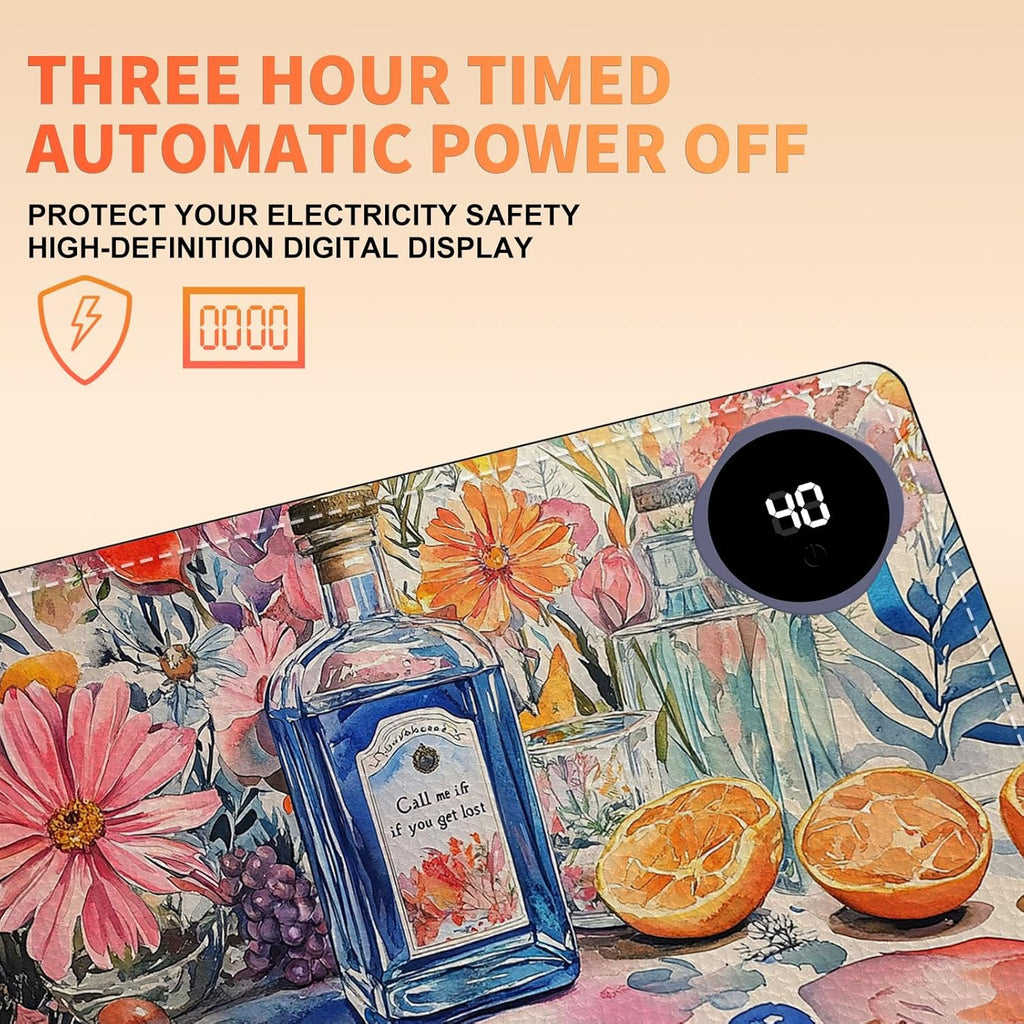 Heated Mouse Pad 23.6 x 14 in 3-Temp Fast Heating Desk Mat with Auto Timer Warmer for Hands Wrist Pain Relief Waterproof Keyboard Mat for Office, Gaming, Home, Floral Kitchen