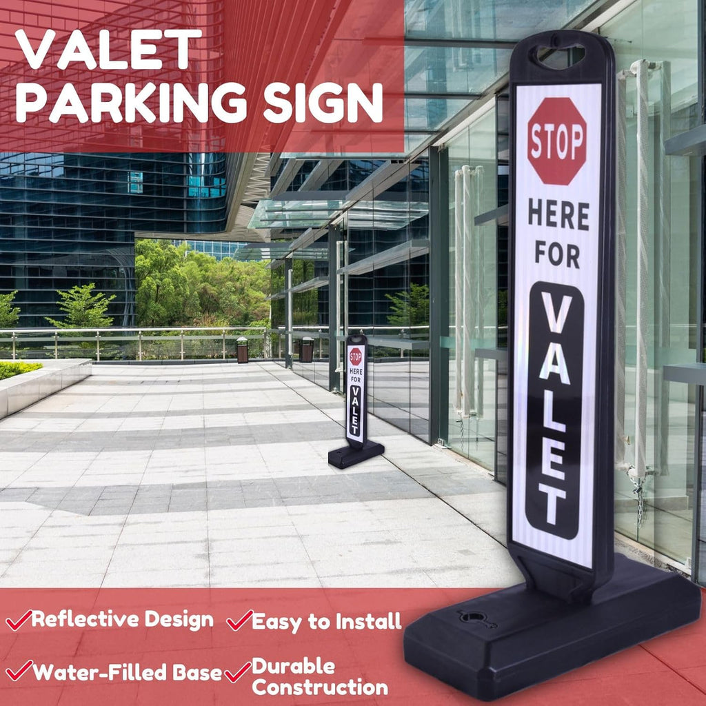 2-Pack Valet Parking Signs with Water-Filled Base, 32.8" x 9.4" Reflective Double-Sided Sheet, Reflective Traffic Sign for Parking Lots