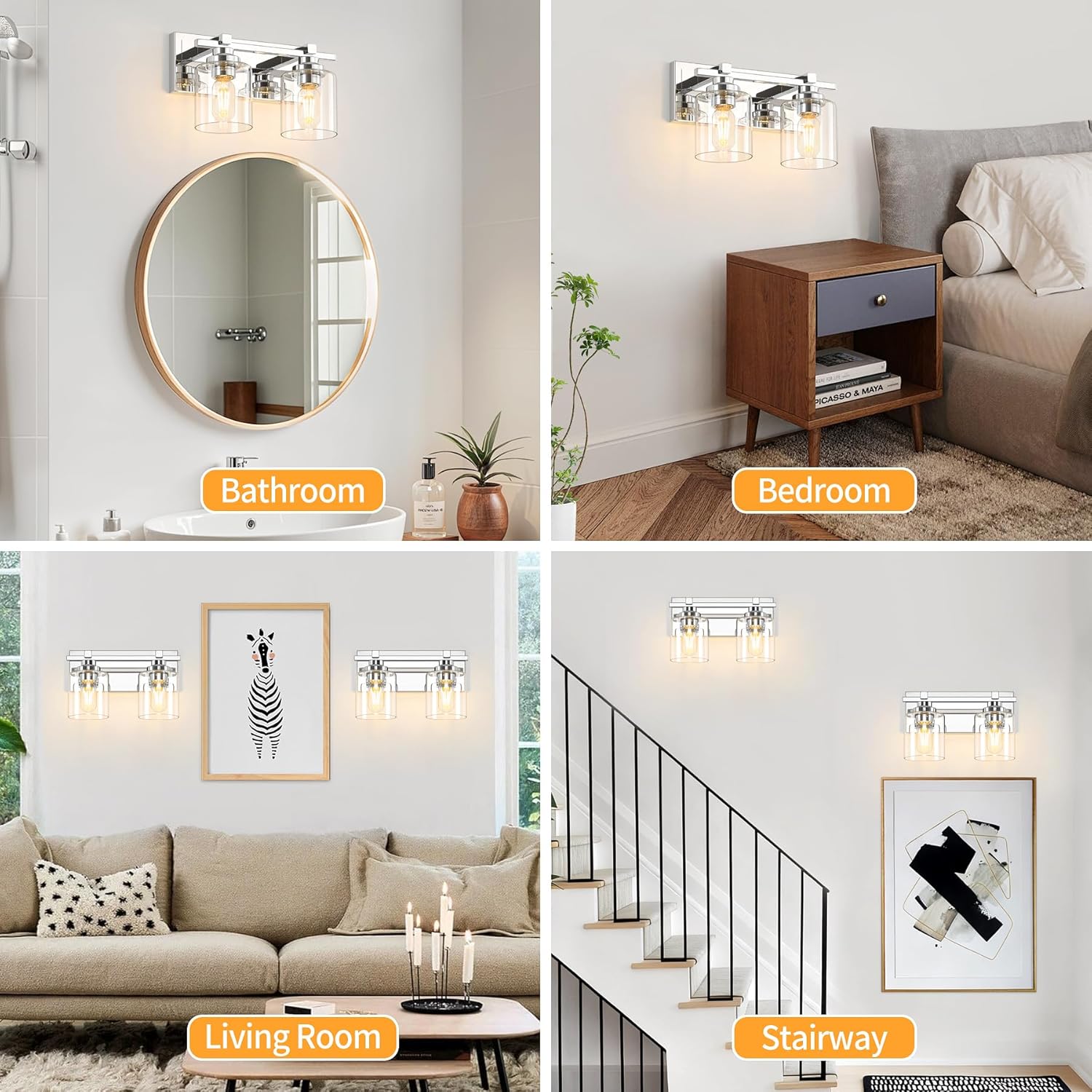 2 Light Modern Bathroom Light Fixtures Over Mirror, Chrome Vanity Lights for Bathroom Wall Sconces with Clear Glass Shades, E26 Socket (Bulbs Not Included)