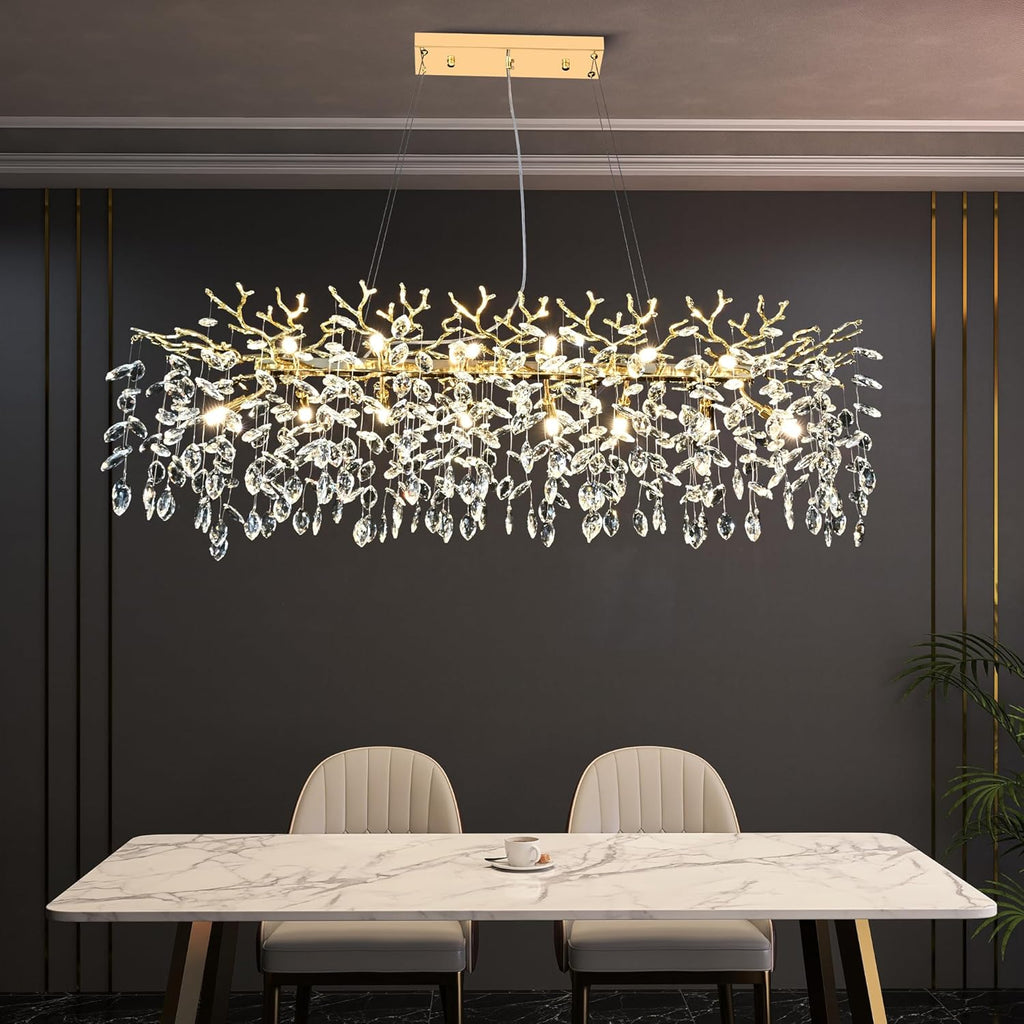 Gold Crystal Chandelier Modern High Ceiling Tree Branch Chandeliers Lighting Luxury Foyer Entryway Staircase Living Room Large Raindrop Large Hanging Pendant Light Fixture