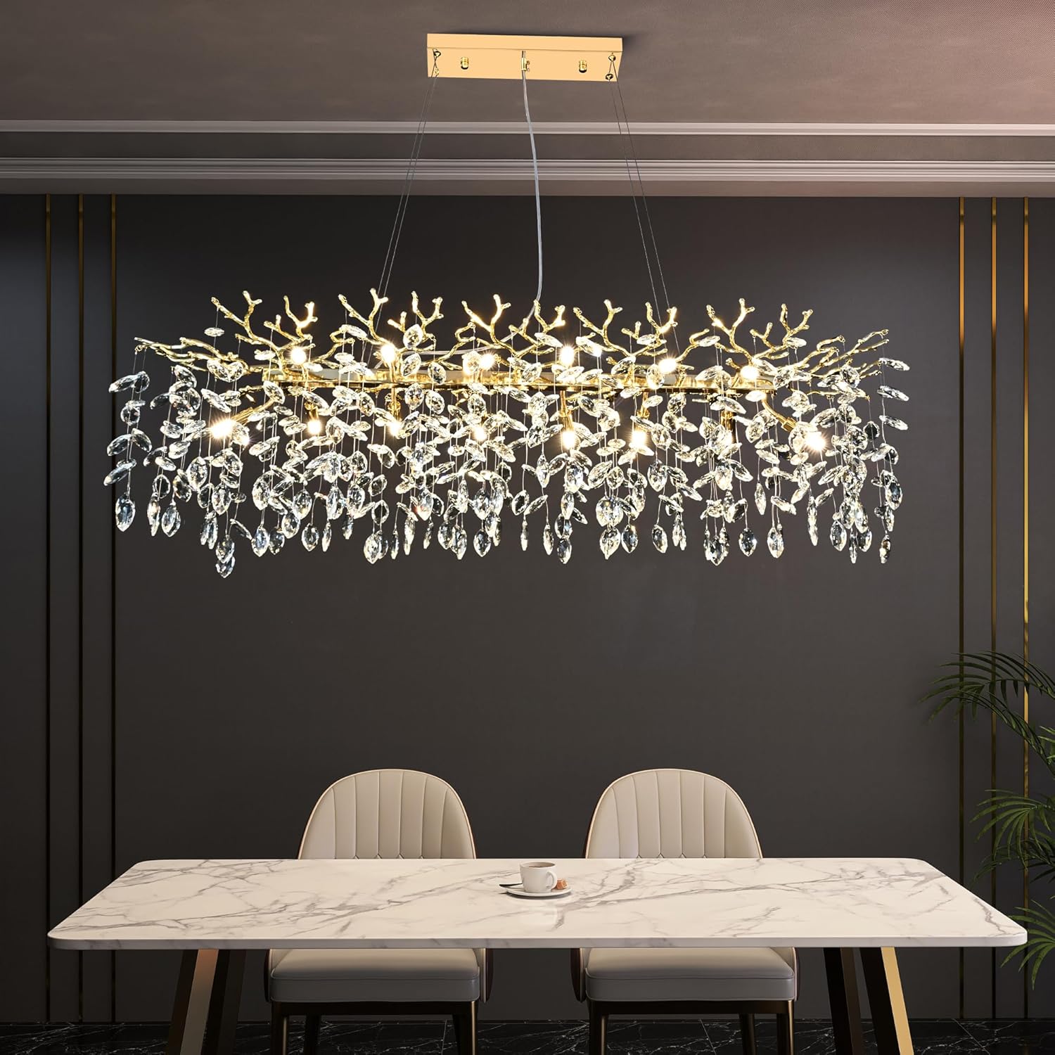 Gold Crystal Chandelier Modern High Ceiling Tree Branch Chandeliers Lighting Luxury Foyer Entryway Staircase Living Room Large Raindrop Large Hanging Pendant Light Fixture