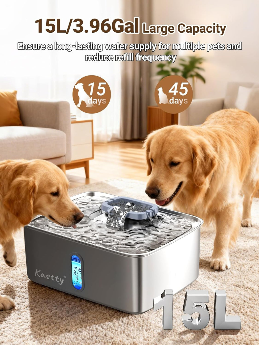 Kastty 3.96 Gal Dog Water Fountain for Large Dogs,15L Stainless Steel Large Pet Water Fountain, Ultra Quiet Automatic Dog Water Bowl Dispenser with Water Level Window and LED Light(FS78,Grey