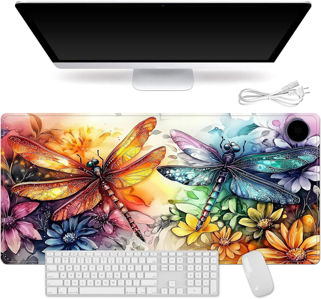Small Heated Desk Pad 23.6" x 14.2" – Compact Electric Mouse Pad with 3 Heating Levels, Auto Shut-Off, Waterproof PU Surface, Plug-in Warmer for Office or Home Use, Colorful Dragonflies