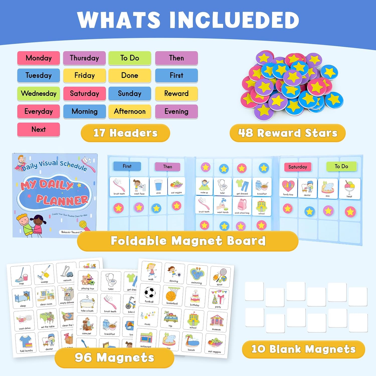 Magnetic Visual Schedule for Kids, Kids Chore Chart Cards for Morning & Bedtime, Daily Routine Chart Autism ADHD Tools for Kids,96 Magnets and Board
