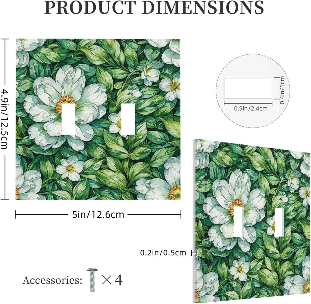 Vintage Floral White Flowers Green Plants Leaves Decorative Switch Plates 2 Gang Double Toggle Outlet Light Switch Cover Wall Plate Electrical Faceplate for Bedroom Bathroom Decor