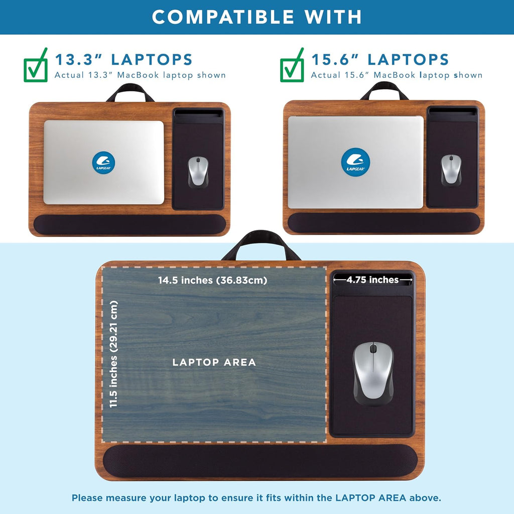 LAPGEAR Home Office Pro Lap Desk with Wrist Rest, Mouse Pad, and Phone Holder - Espresso Woodgrain - Fits up to 15.6 Inch Laptops - Style No. 91612