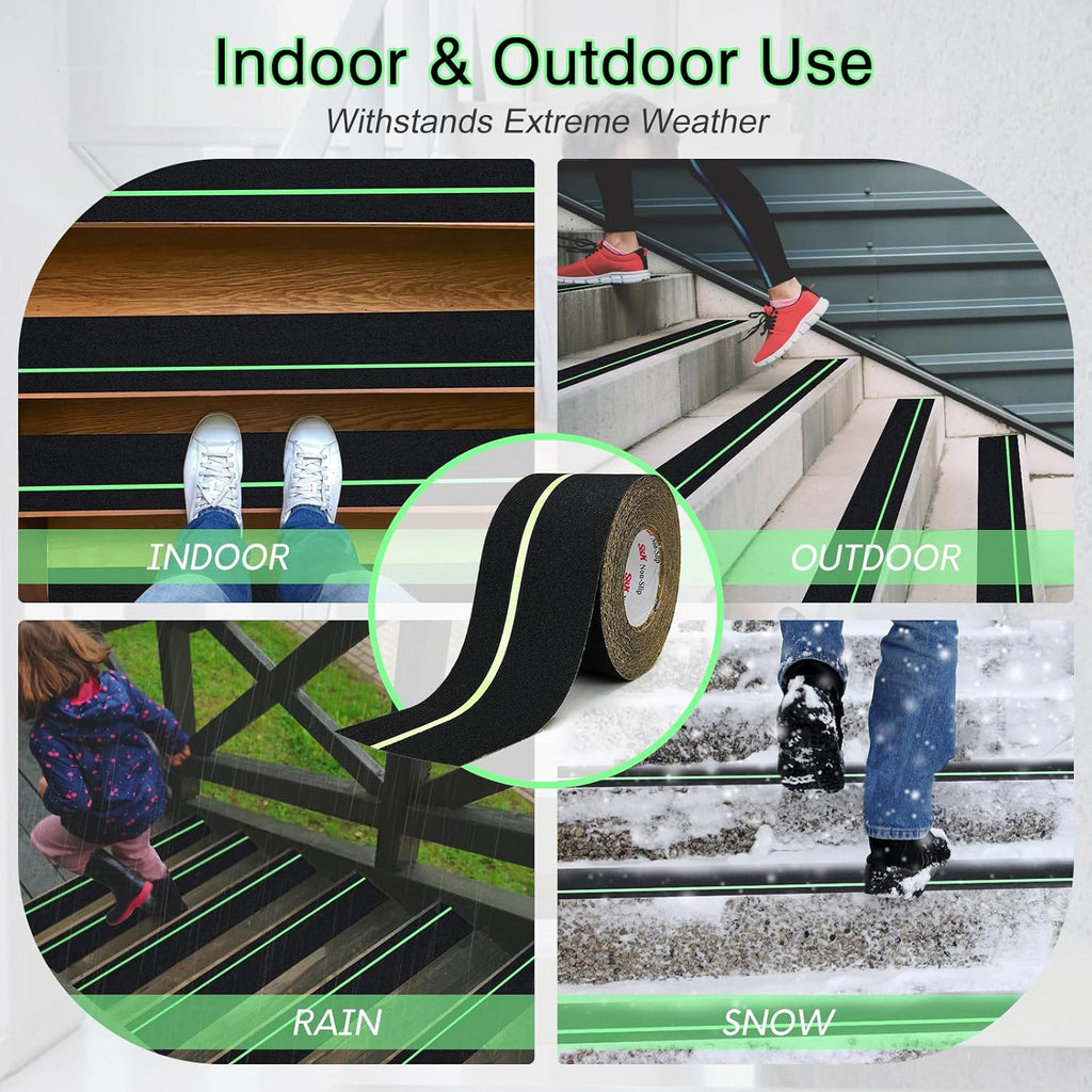 S&X Anti Slip Tape 4 Inch x 60 Ft, 2X Longer Heavy Duty Grip Tape with Glow-in-Dark Strip, Outdoor Stair Treads Non-Slip for Steps Ramps Decks, Non Skid for Enhanced Safety