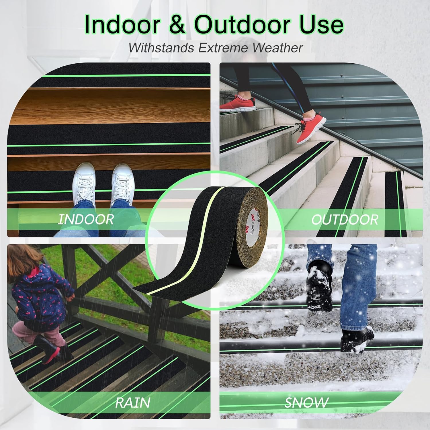S&X Anti Slip Tape 4 Inch x 60 Ft, 2X Longer Heavy Duty Grip Tape with Glow-in-Dark Strip, Outdoor Stair Treads Non-Slip for Steps Ramps Decks, Non Skid for Enhanced Safety
