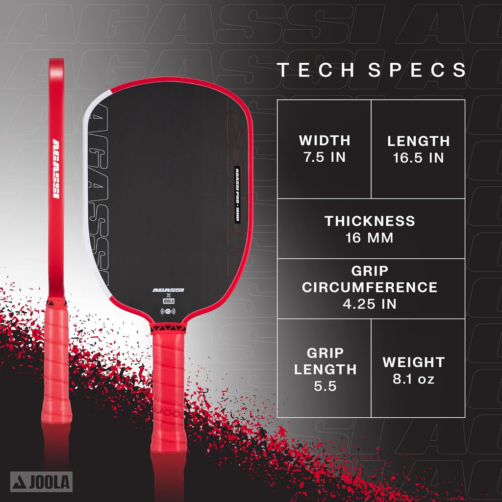 JOOLA Agassi PRO IV 16mm Pickleball Paddle w/Extended Sweet Spot - Carbon Fiber Surface Increases Spin & Control - SK Film for Power & Larger Sweet spot - UPA-A Certified - USAP Approved - NFC Chip