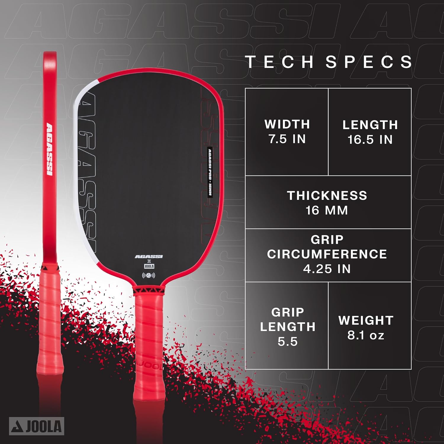 JOOLA Agassi PRO IV 16mm Pickleball Paddle w/Extended Sweet Spot - Carbon Fiber Surface Increases Spin & Control - SK Film for Power & Larger Sweet spot - UPA-A Certified - USAP Approved - NFC Chip