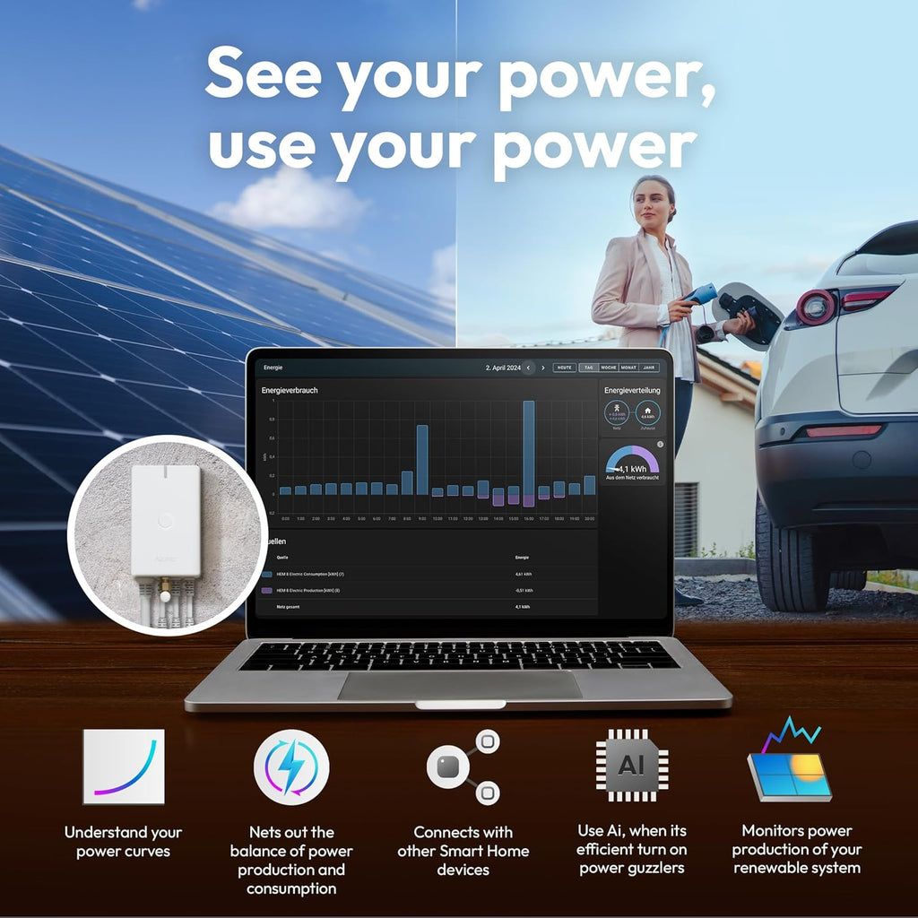 Aeotec Home Energy Meter 8 - Smart Electricity Monitor - Real-Time Usage and Production Tracking - Z-Wave Long Range - 2x200A Clamp-On Sensor - Supports 2-Phase Power - SmartThings - HomeAssistant