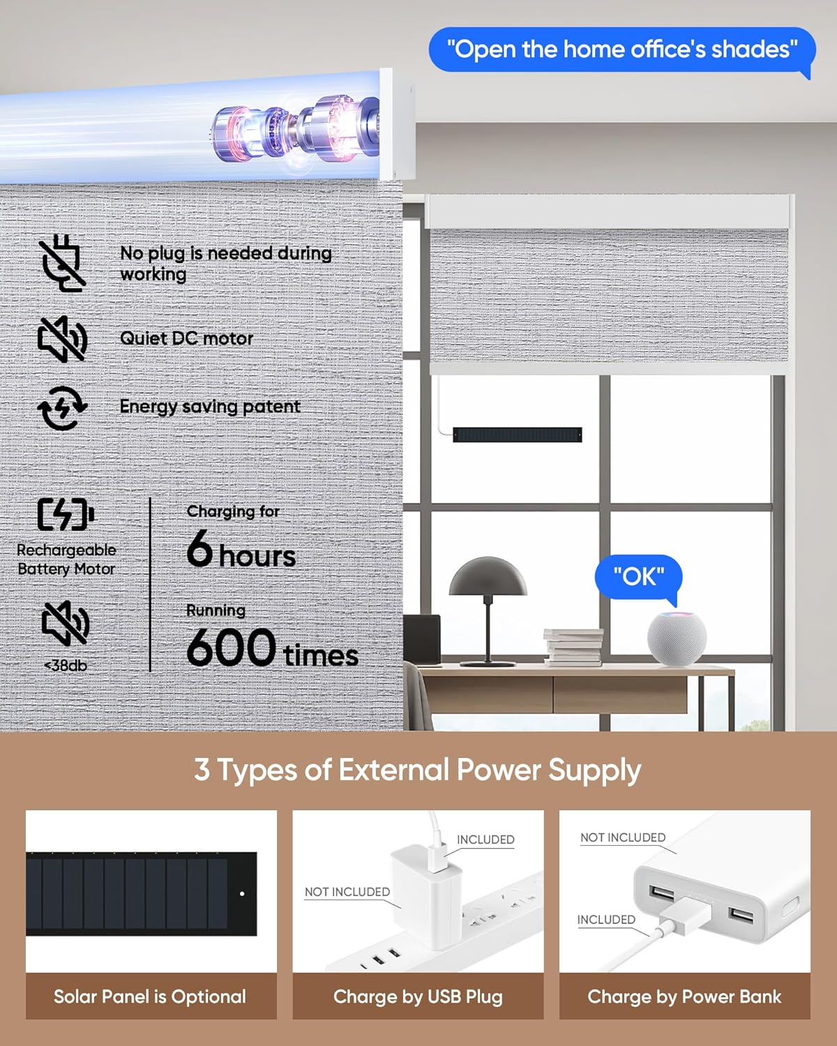 Kincmo Motorized Blinds with Remote,100% Blackout Motorized Roller Shades Work with Apple Homekit,Alexa,Google, Custom Electric Blinds with App,Voice Control (Classic Smoke)