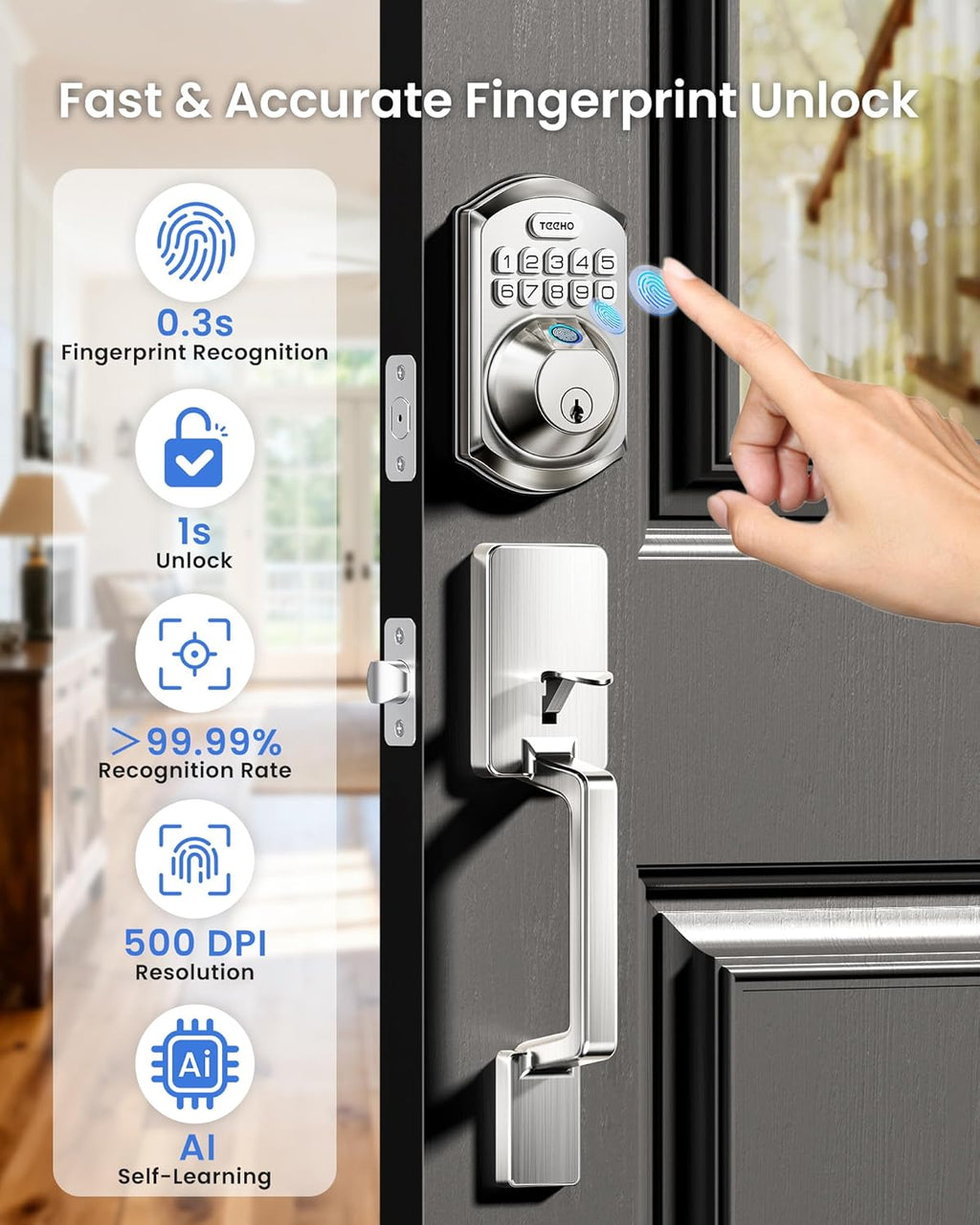 TEEHO TE012W-H WiFi Smart Door Lock with Handle, Fingerprint, Keypad, Key & App Control, Keyless Entry Deadbolt Set, Compatible with Alexa & Google Assistant, Easy Install for Front Door, Satin Nickel
